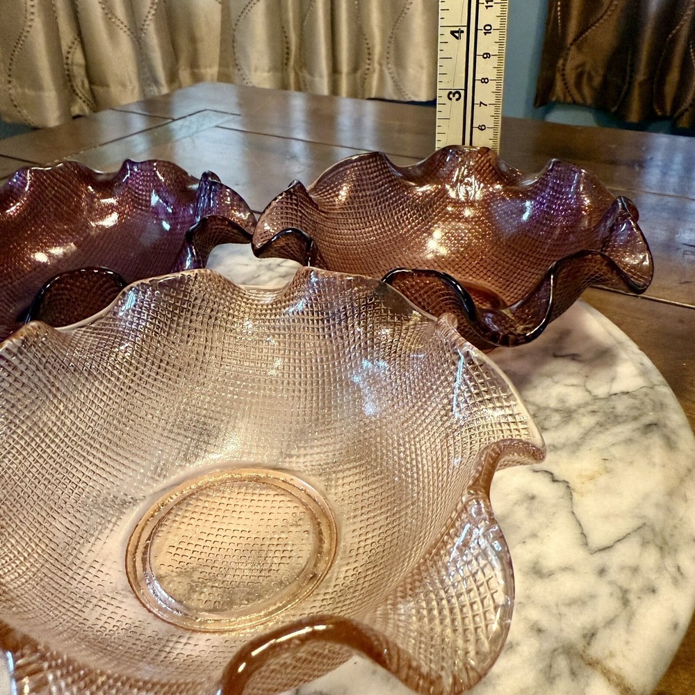 3pc VTG 60s Italy Colony Purple Pink Ruffle Lettuce Edge Waffle Candy Bowls - Picture 5 of 6